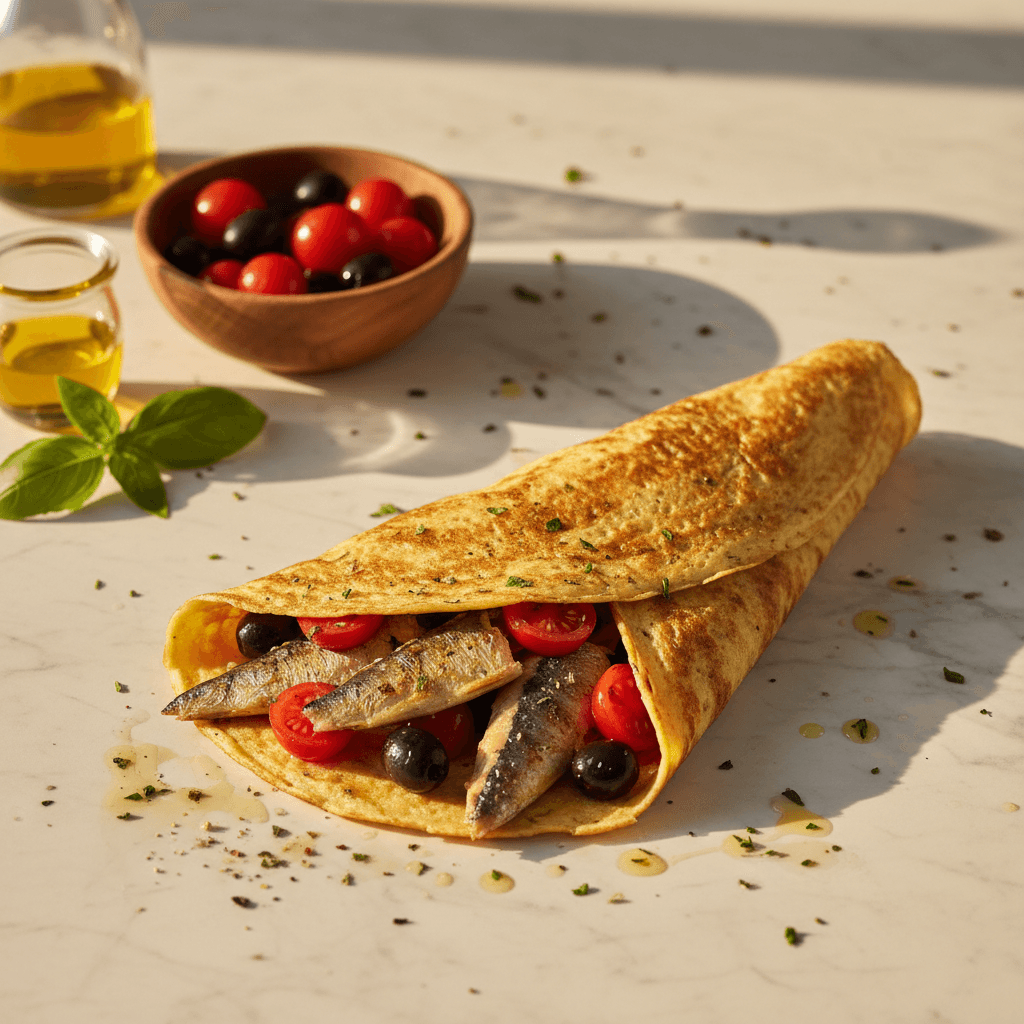 Crêpe d'œuf à la sardine, tomate et olive