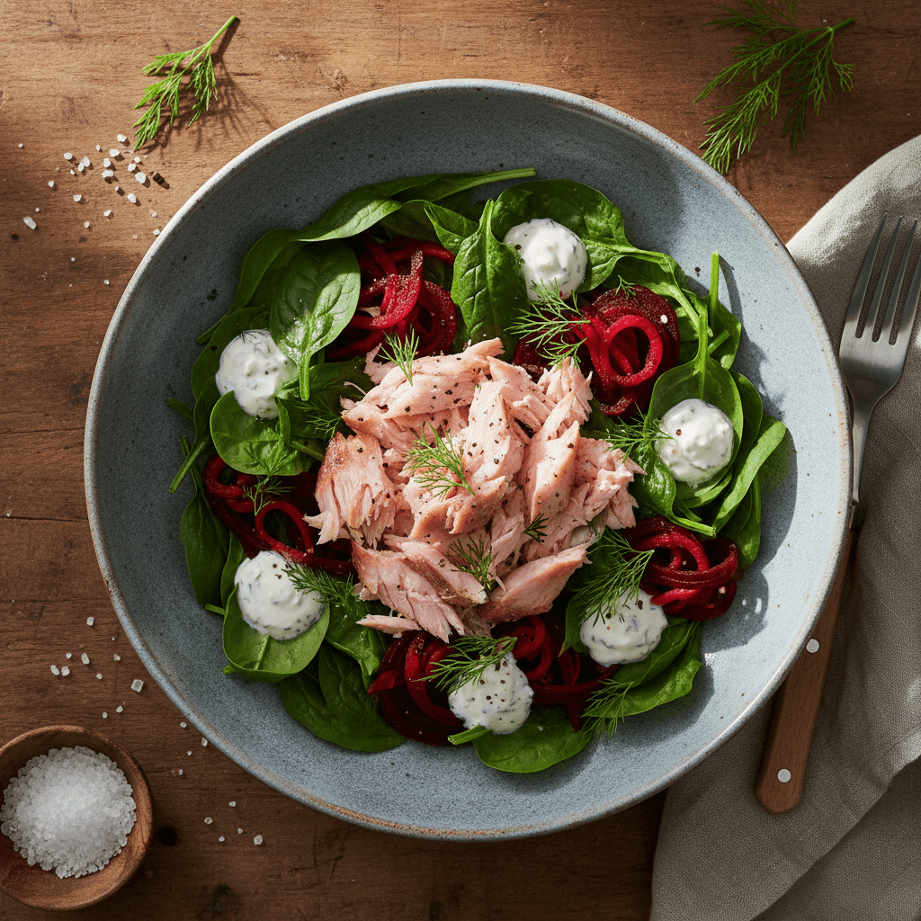 Bowl de truite fumée aux épinards et betterave