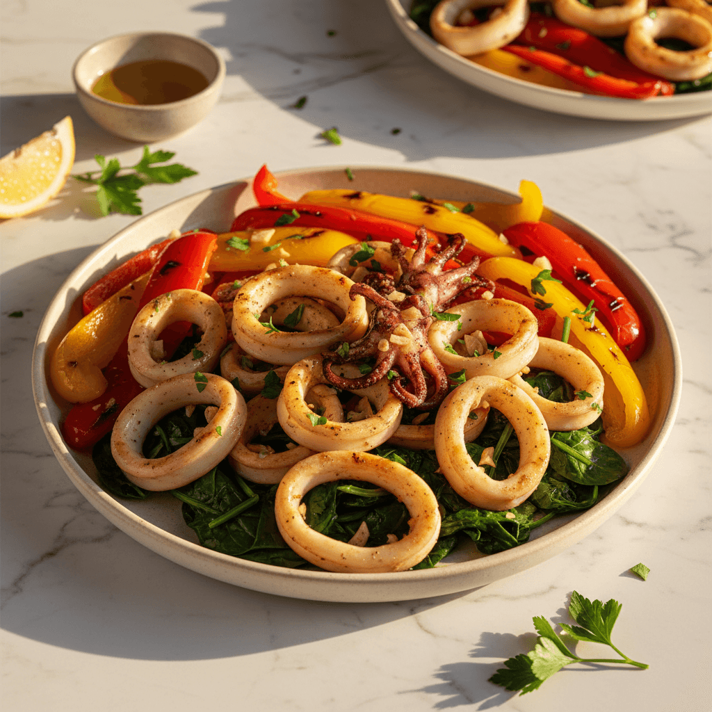 Gegrillte Tintenfische auf portugiesische Art mit Paprika