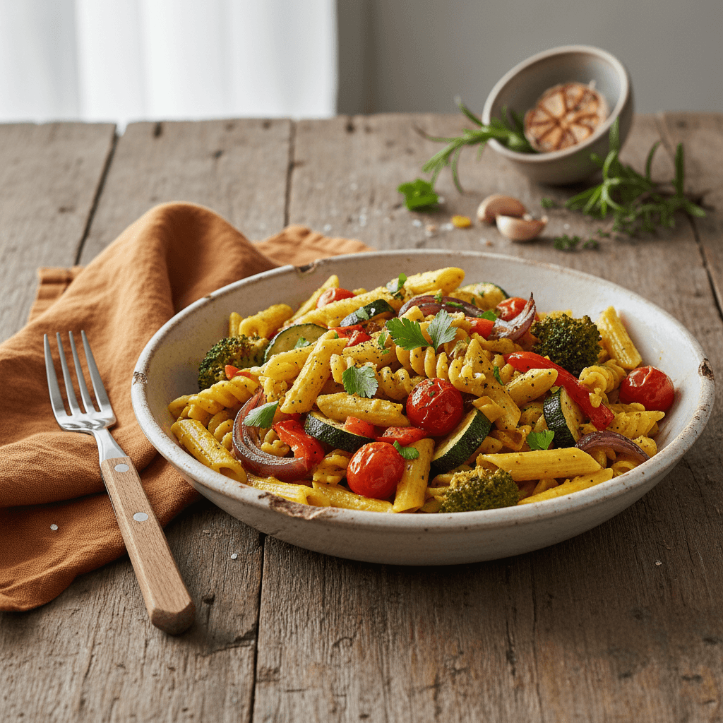 Nudeln mit Curry und geröstetem Gemüse