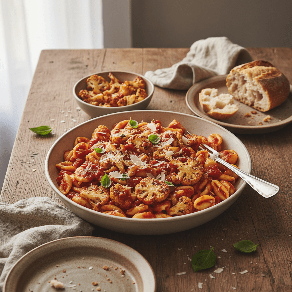 Pasta mit Tomatensoße und geröstetem Blumenkohl