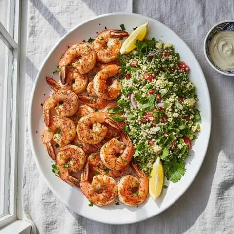 Crevettes grillées à la libanaise et taboulé de chou-fleur