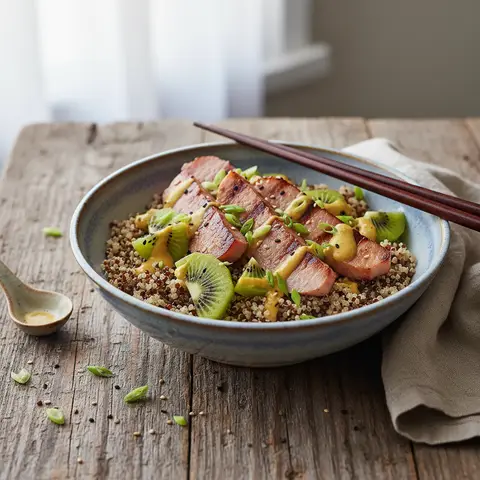 Bol Asiatique Sucré-Salé: Quinoa, Kiwis, Jambon et Sauce Miso-Moutarde