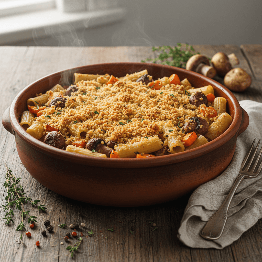 Pasta Gratin with Roasted Carrots and Mushrooms