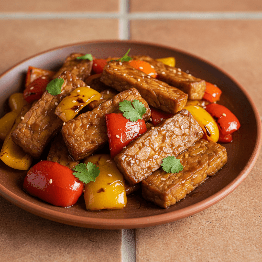 Tempeh laqué au four et poivrons tricolores