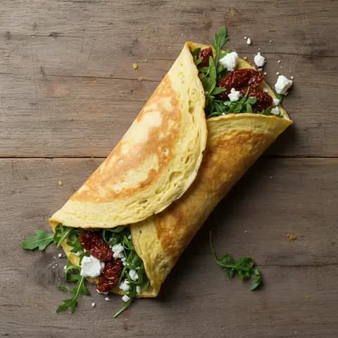 Omelette wrap à la feta, tomates séchées et roquette
