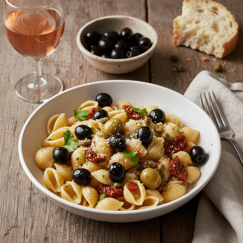 Muschelnudeln mit schwarzen Oliven nach Art des Mittelmeerraums