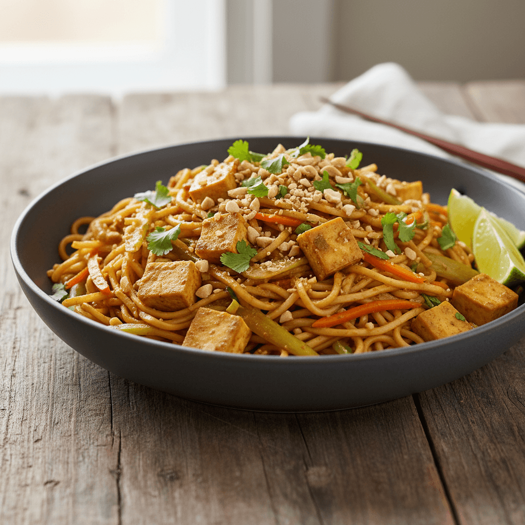 Asiatischer Nudelwok mit Gemüse und Tofu