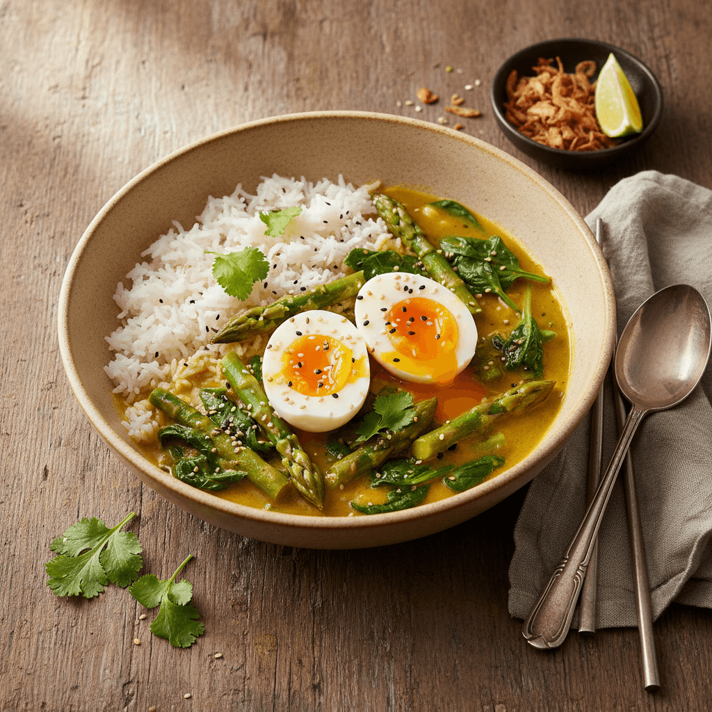 Asiatisches Curry mit Spargel, Spinat und Ei