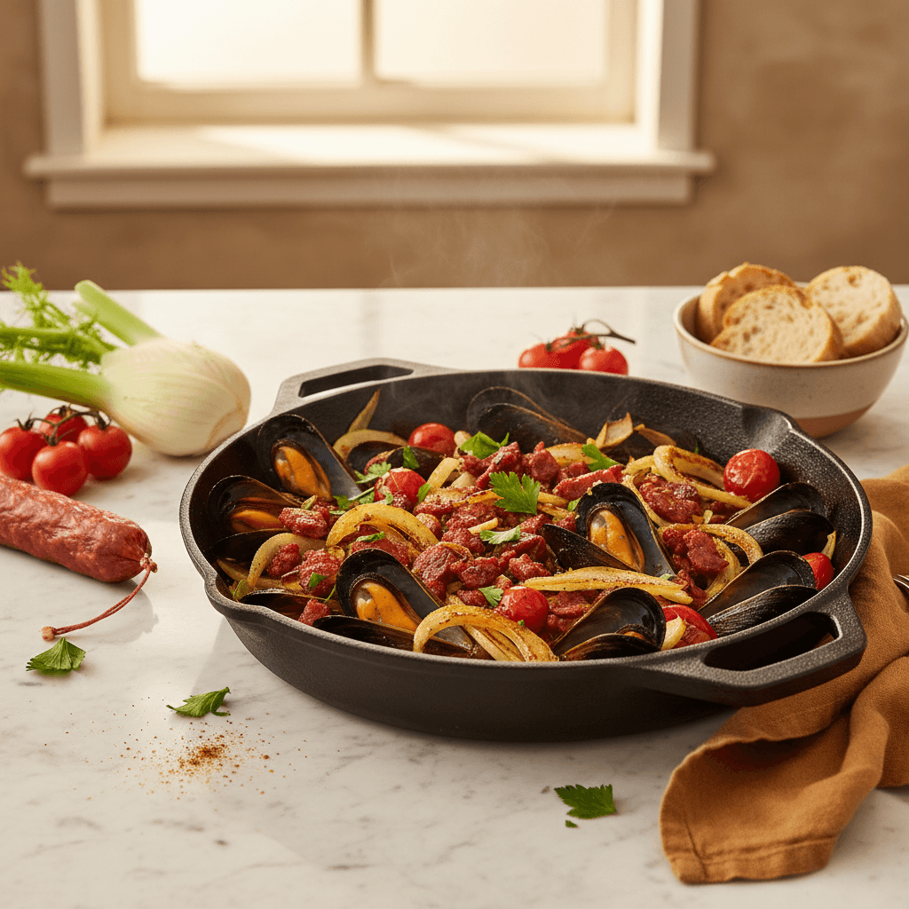 Poêlée de moules au chorizo, fenouil et tomates