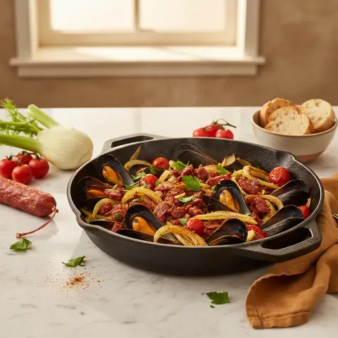 Poêlée de moules au chorizo, fenouil et tomates