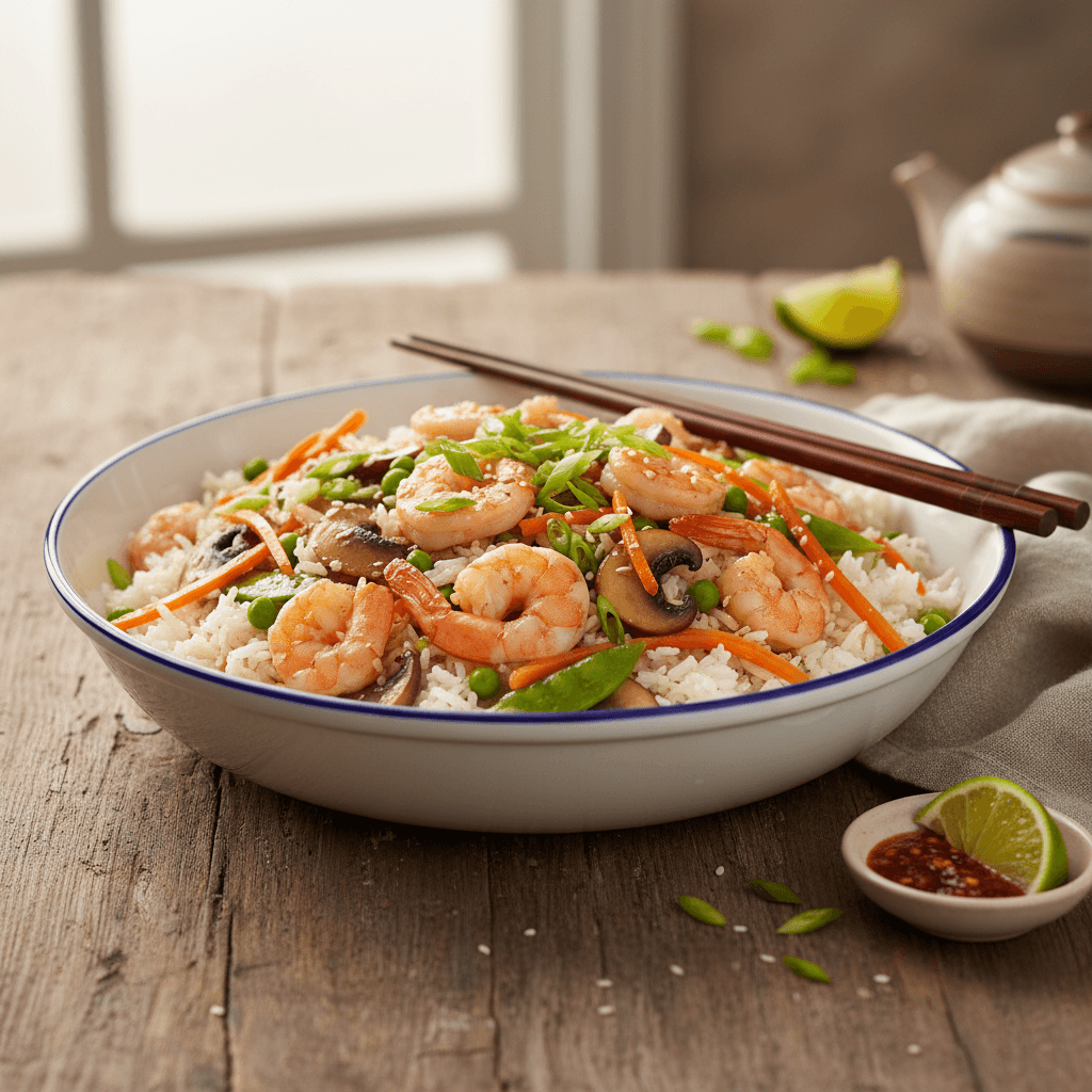 Gebratener Reis mit Garnelen und Gemüse