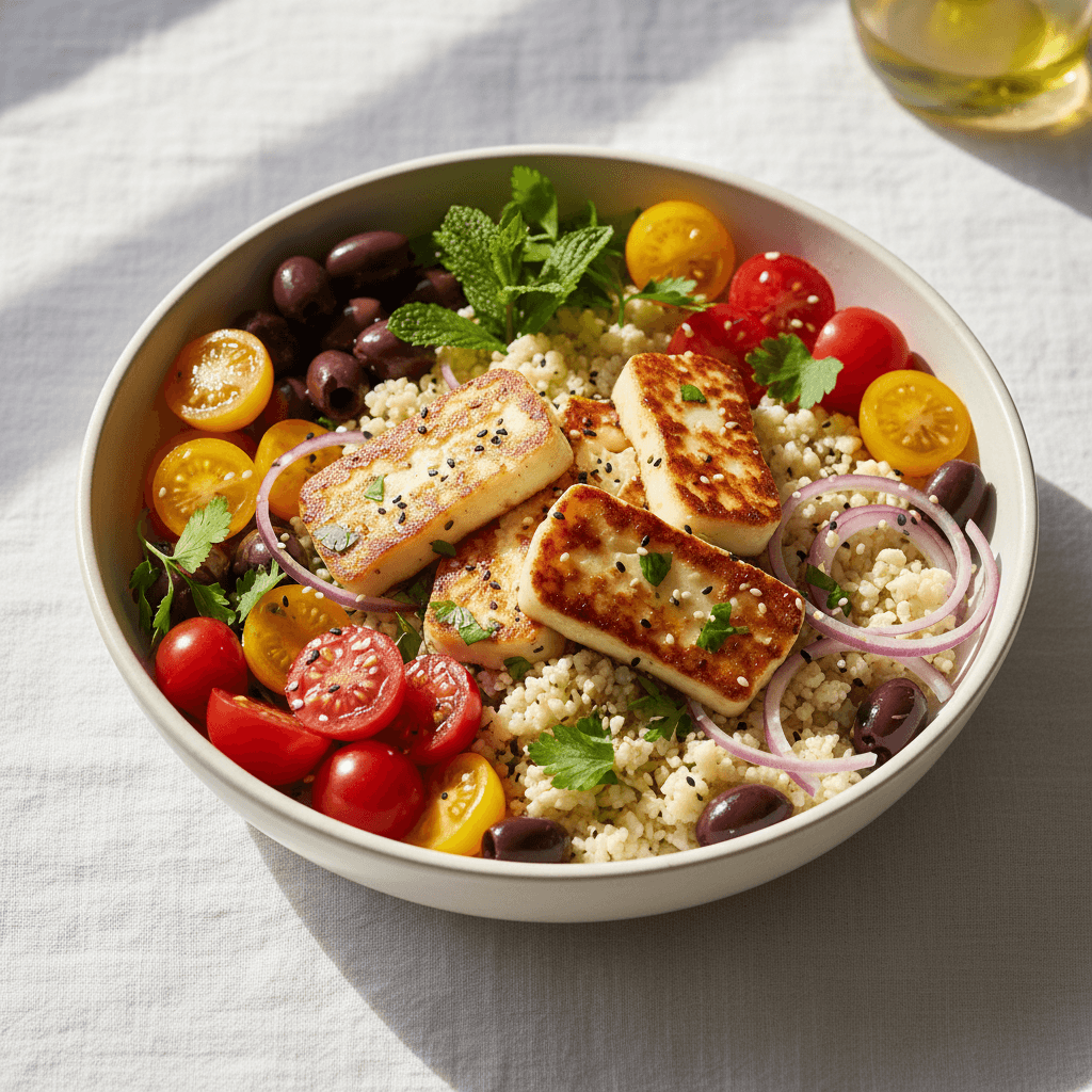 Bowl méditerranéen halloumi grillé et riz de chou-fleur