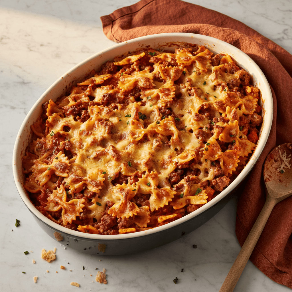 Farfalles Gratinées à la Viande et Sauce Tomate