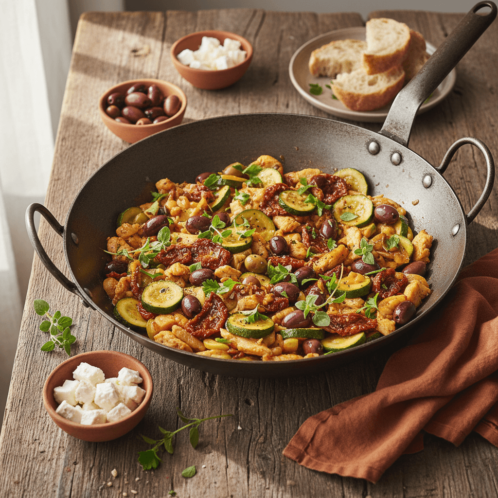 Mediterraner Putenbrust-Wok mit Zucchini und Oliven