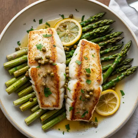Cabillaud & asperges beurre citron câpres