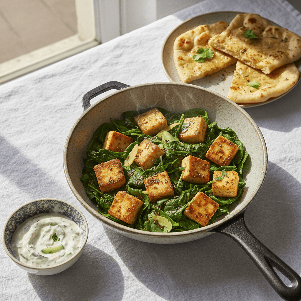 Sauté indien de paneer aux épinards et cumin