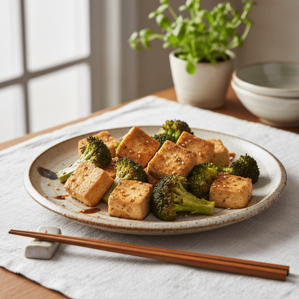 Tofu croustillant au four et brocolis rôtis