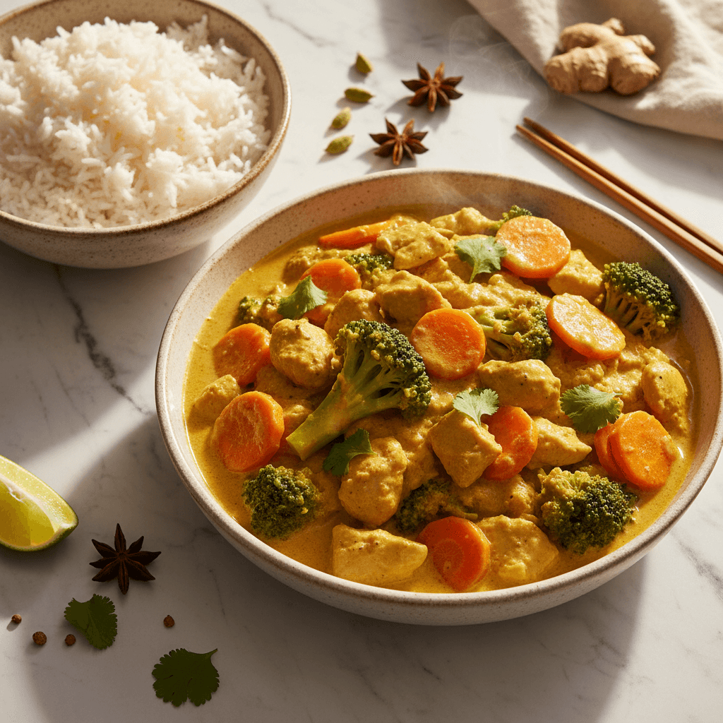 Curry de poulet aux carottes et brocoli