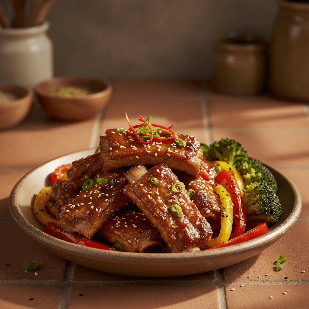 Travers de porc laque aux brocolis et poivrons