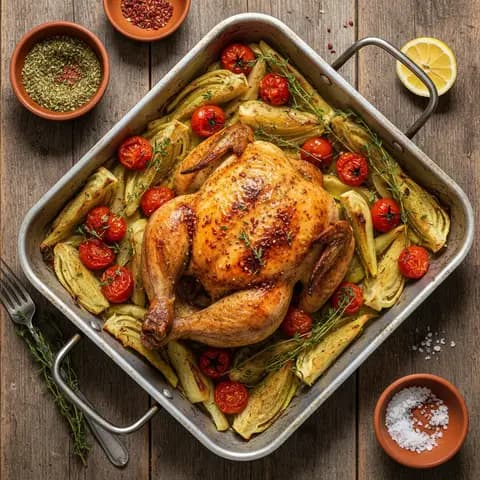 Poulet za'atar, fenouil et tomates rôtis