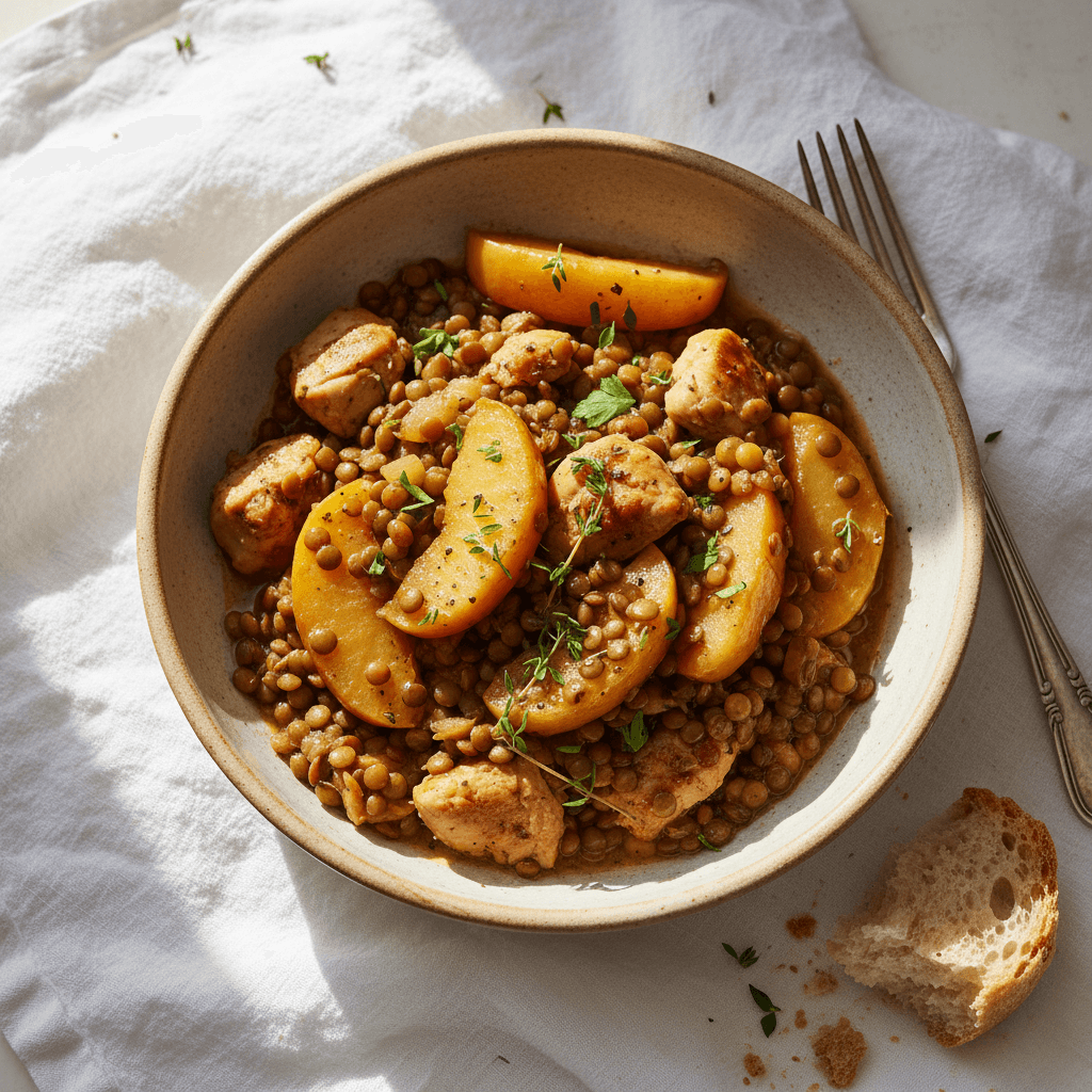 Poêlée de Poulet, Lentilles et Pommes