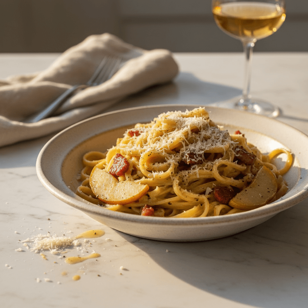 Pâtes Carbonara à la Poire et Lard