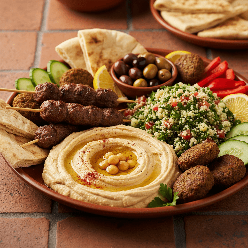 Mezze libanais : houmous protéiné, taboulé de chou-fleur et kefta