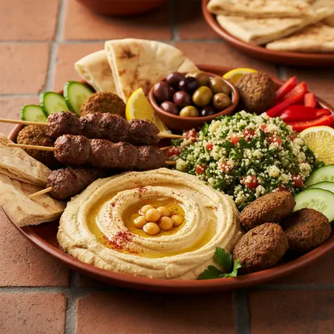 Mezze libanais : houmous protéiné, taboulé de chou-fleur et kefta