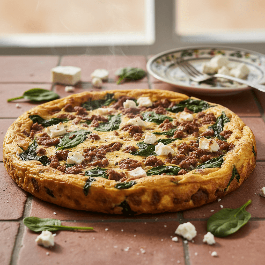 Frittata au boeuf hache, epinards et feta a la grecque