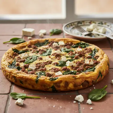 Frittata au boeuf hache, epinards et feta a la grecque