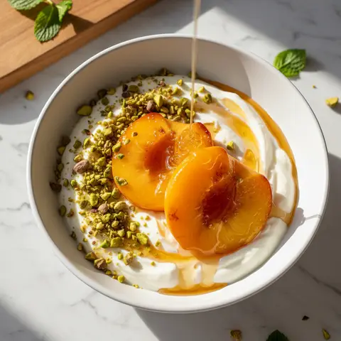 Yaourt glacé & pêche rôtie au miel pistaches