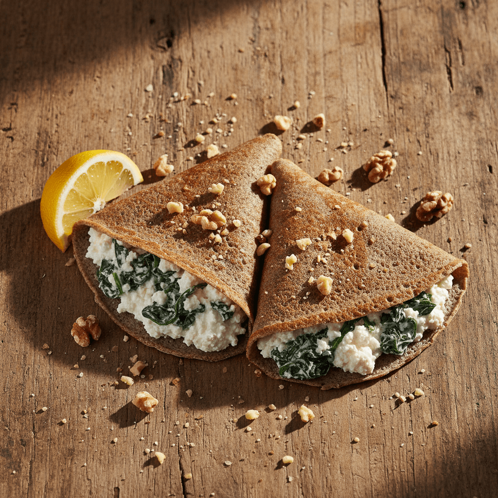 Crêpe sarrasin & ricotta épinards noix citron