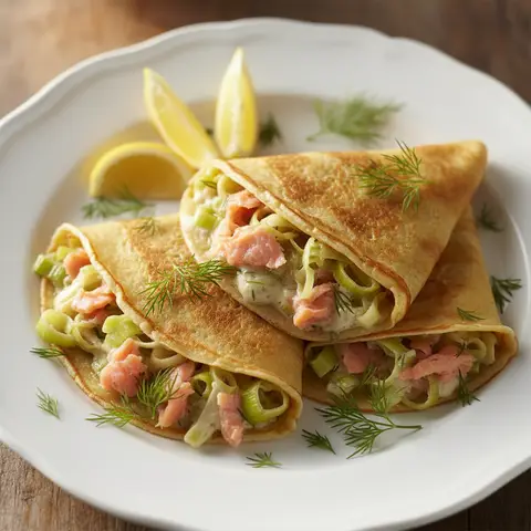 Crêpes poireau & saumon fumé crème aneth