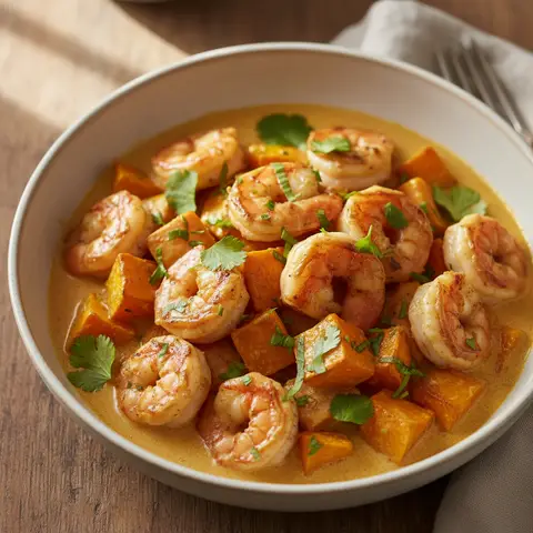 Crevettes poêlées courge & lait de coco gingembre