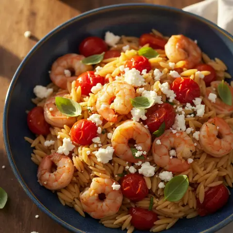 Crevettes & tomates cerises feta sur orzo