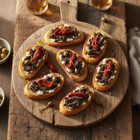Crostini tapenade & fromage frais tomate séchée câpres