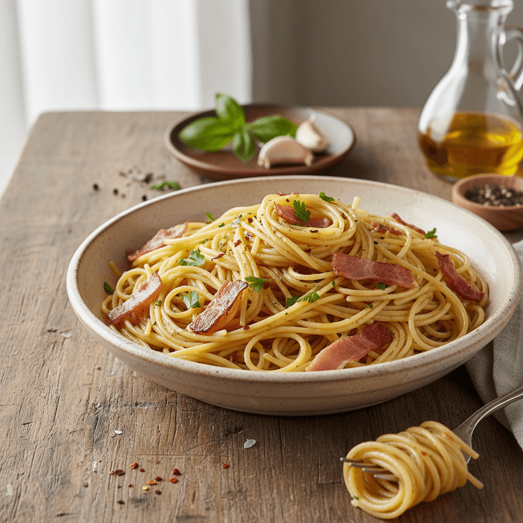 Spaghetti with Oil and Pan-Fried Ham