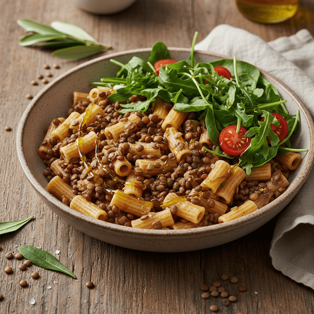 Pasta mit Linsen und Salat