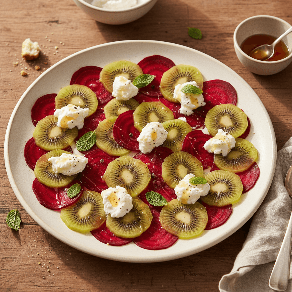 Beet and Kiwi Carpaccio with Fresh Cheese and Honey