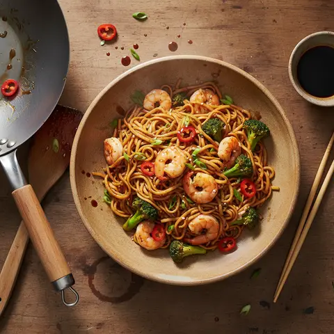 Chow Mein aux Crevettes et Broccoli
