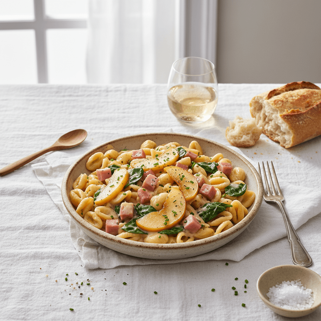 Pâtes Crémeuses aux Pommes et Jambon