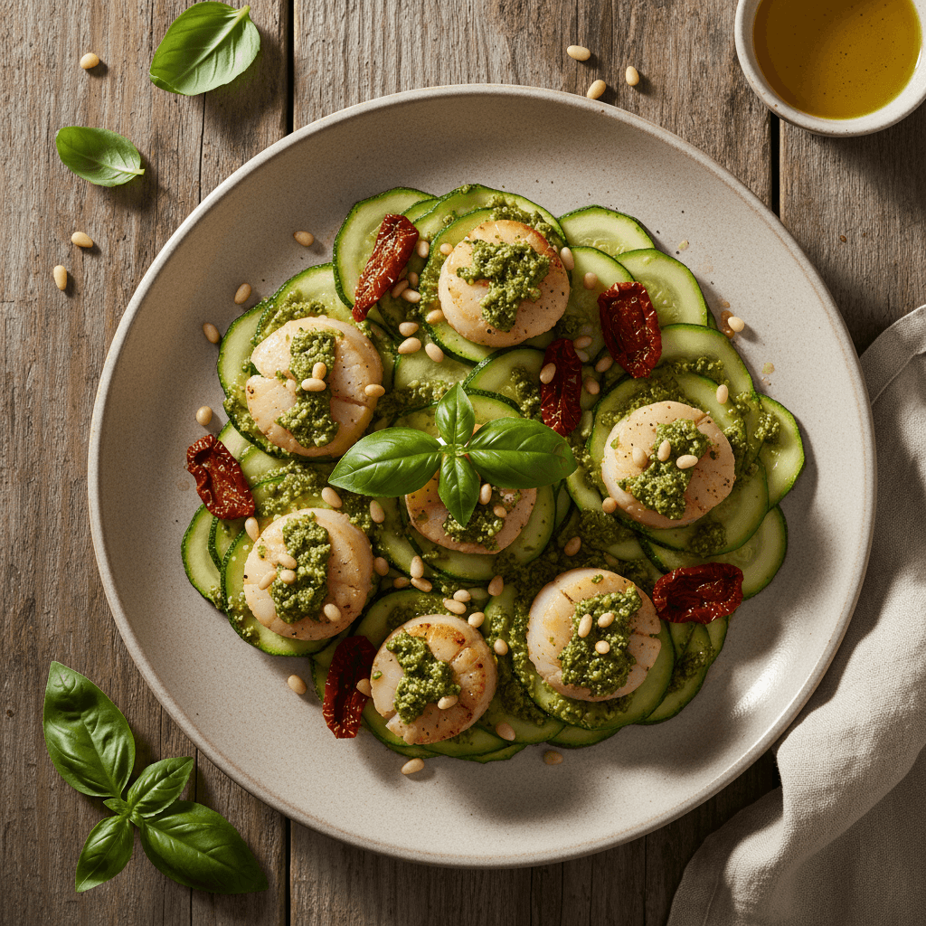 Saint-Jacques au pesto et tomates confites