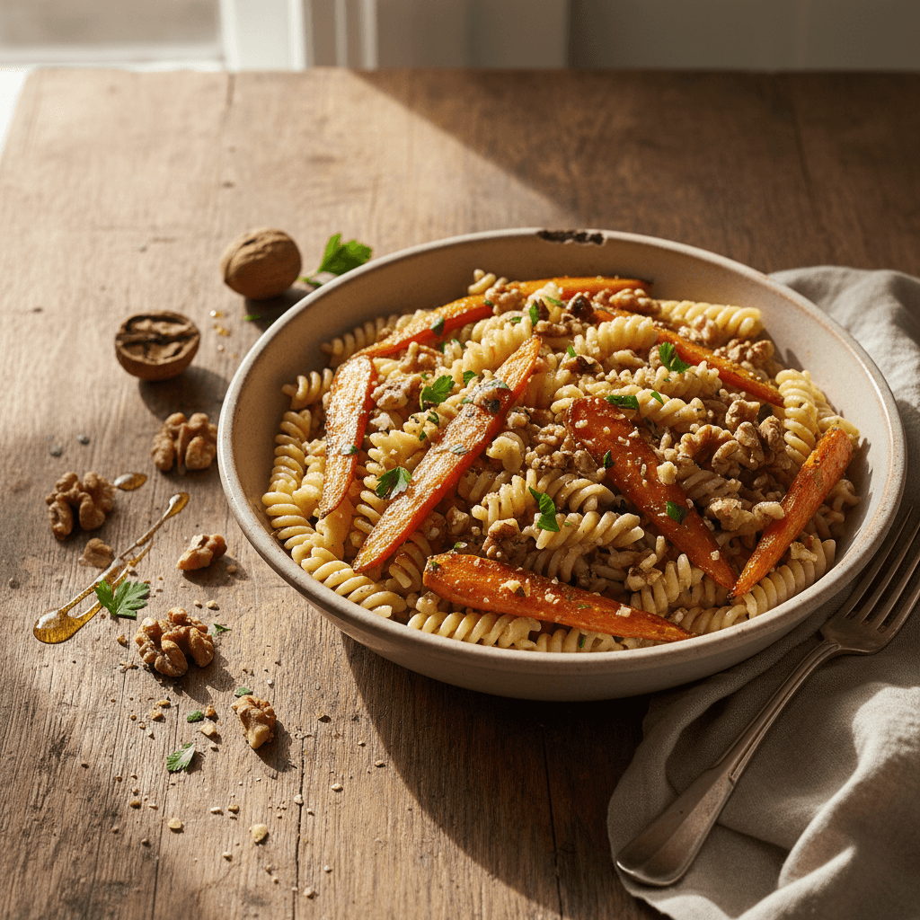 Pâtes aux Noix et Carottes Rôties