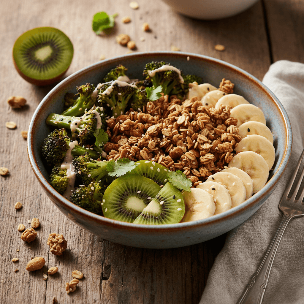 Fusion Bowl: Roasted Broccoli, Kiwis, Banana and Homemade Granola