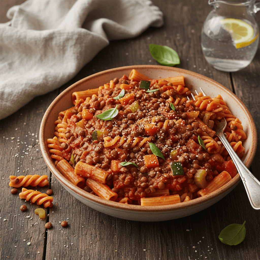 Pasta with Lentils, Tomato Sauce, and Sautéed Vegetables (Vegan Bolognese)