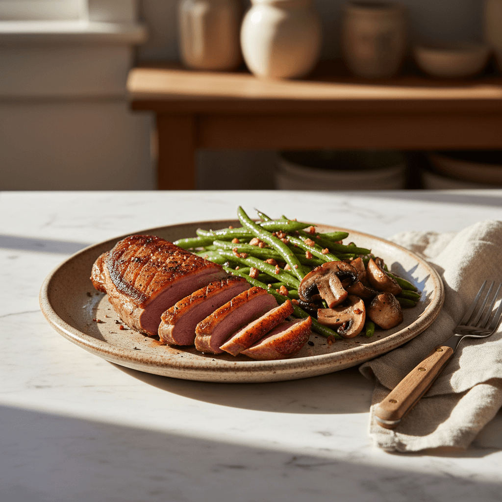 Magret de canard grille et haricots verts a l'ail