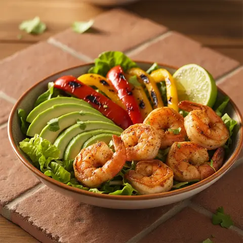 Bowl mexicain de crevettes à l'avocat et poivrons