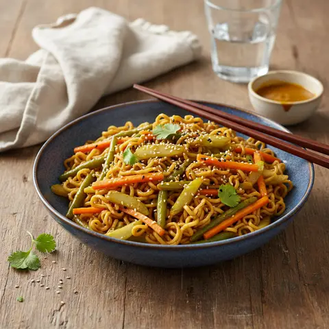 Wok de Nouilles aux Légumes et Sauce Curry-Soja