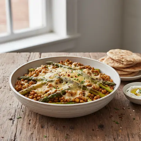 Lentilles Rôties au Gruyère et Asperges Grillées